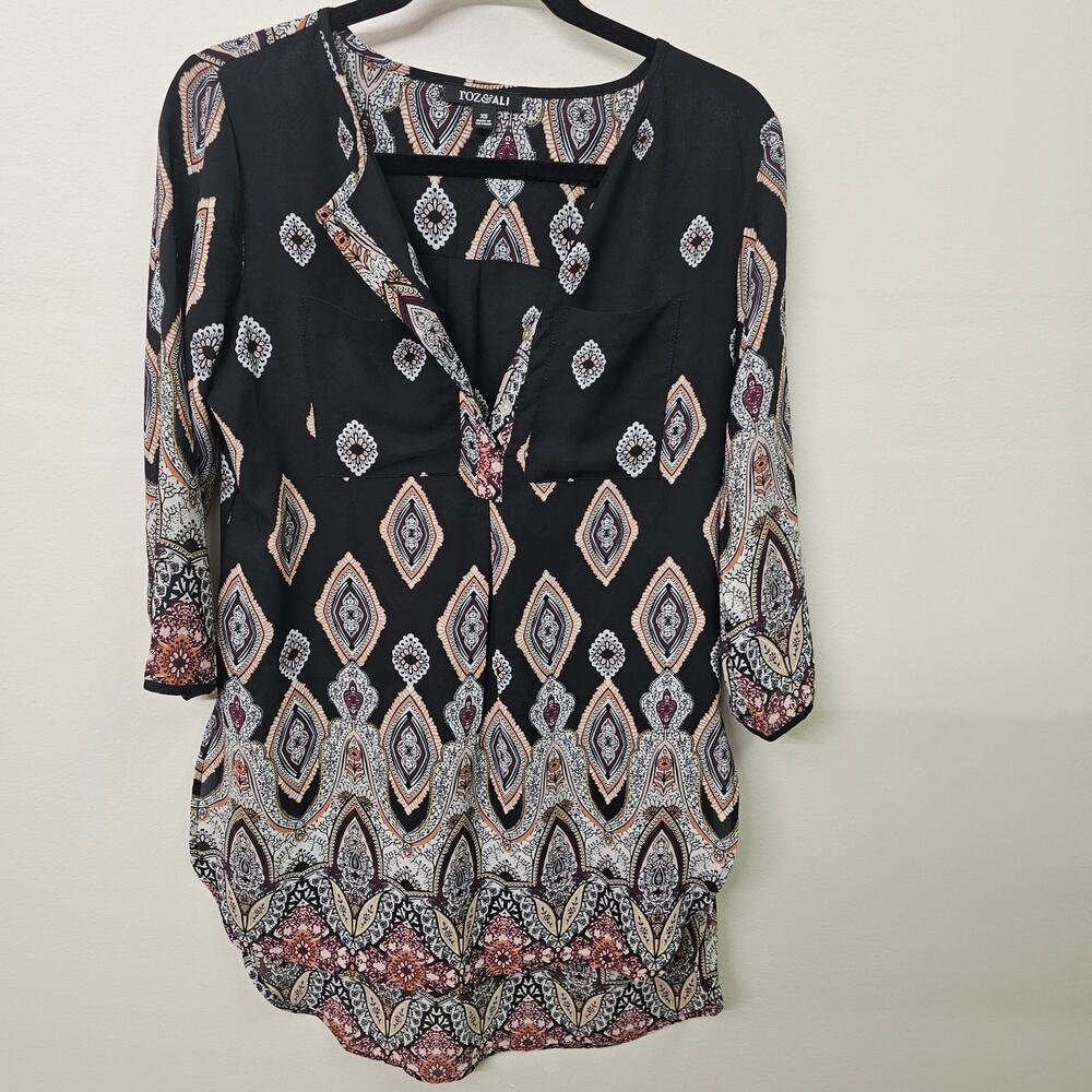 Roz & Ali Boho Paisley‎ Blouse 3/4 Sleeve Medallion Print Tunic Women's Size XS